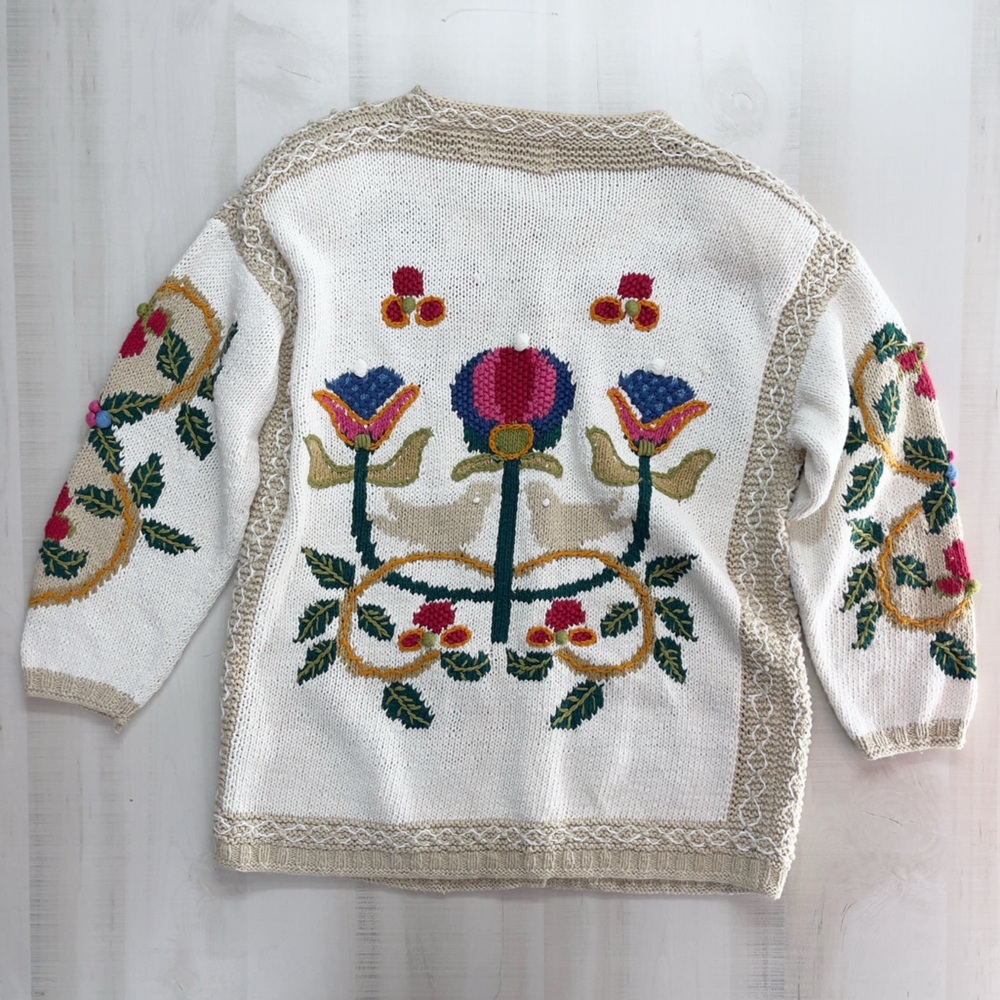 VENEZIA hand knit floral bird cardigan sweater vintage 14 16 - Picture 9 of 11